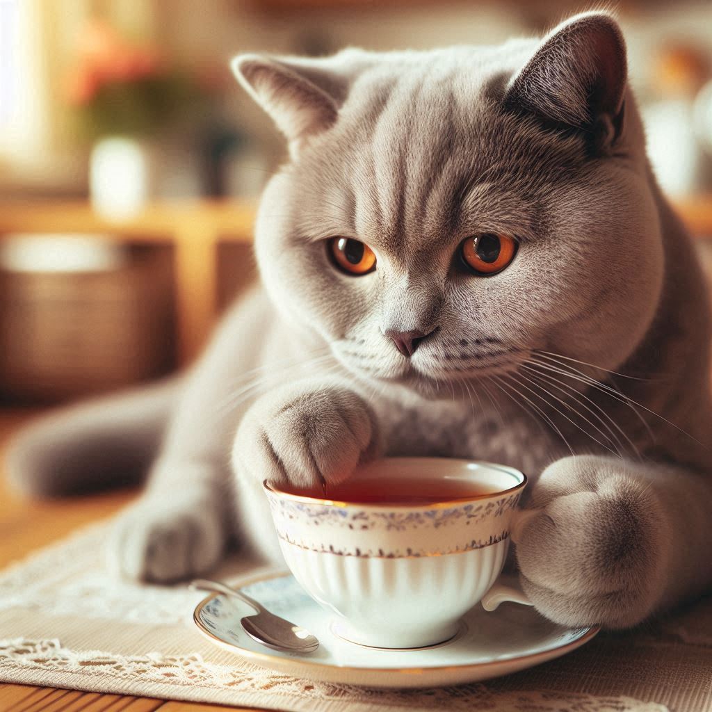 British shorthair cat drinking a cup of tea